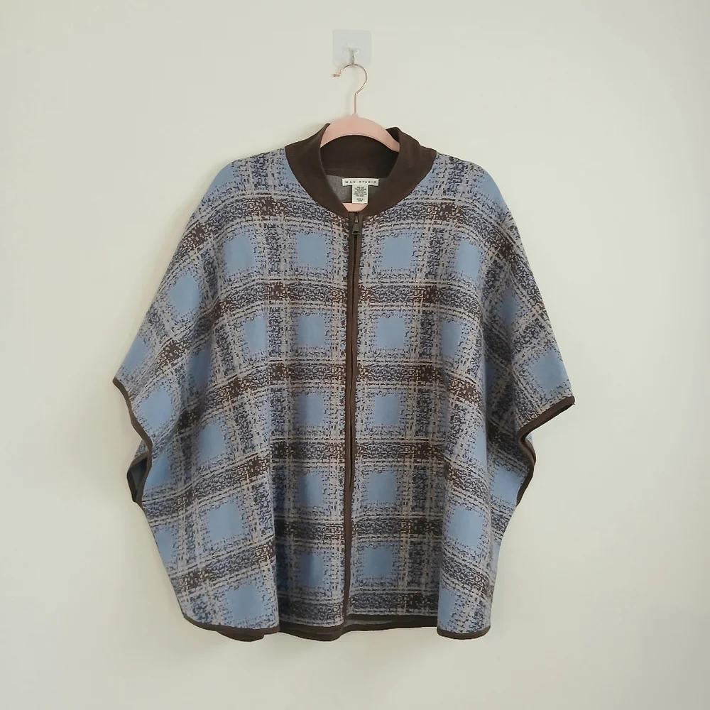 NWOT Max Studio Knit Blue and Brown Plaid Poncho Zip Sweater